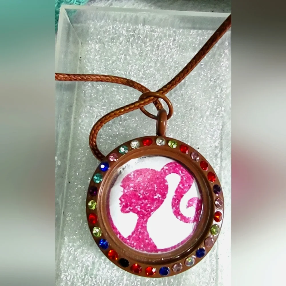 Pink Barbie Pendant Brown Round Necklace